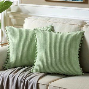 Moss Green Luxury Farmhouse Dorm Velvet Pompom Cute Throw Pillow Cover/CaseSet